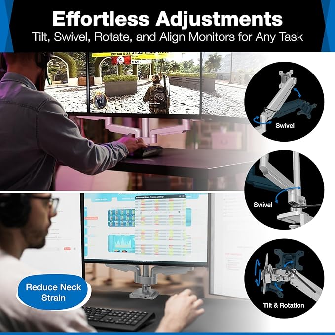 Mount-It! Triple Monitor Mount with Gas Spring Arms, Fits 24–32 Inch Screens, USB & Audio Ports, Full Motion Desk Stand with Tilt, Swivel & Rotation, Heavy Duty Silver 3 Screen Arm with Clamp