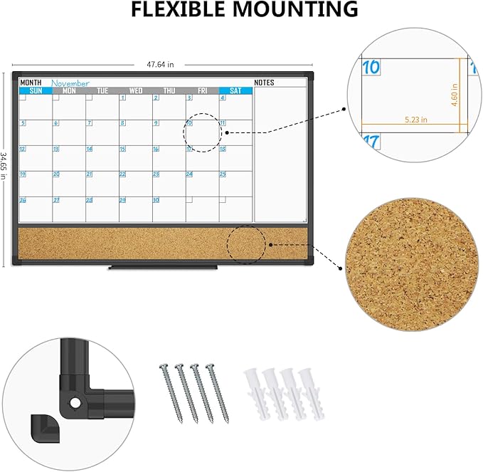 XBoard Dry Erase Calendar Whiteboard 48 X 36 - Combo White Board Calendar Monthly, Magnetic White Board + Corkboard with Black Aluminum Frame, Colorful Push Pins & Marker Tray Included