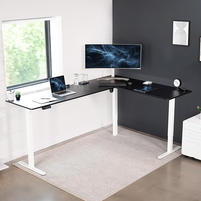 VIVO Corner Standing Desk, 84 x 63 inch Reversible L-Shaped Workstation, Electric Height Adjustment, Home, Office, and Reception Rooms, Black Table Top White Frame, DESK-E3CTWB-84