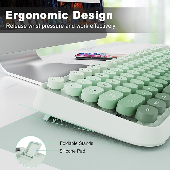 Sage Green Wireless Keyboard and Mouse Combo, Retro Typewriter Style Cute Bubble Keyboard with Round Keys, 2.4GHz Full Size Computer Keyboard and Mouse with 3 DPI for PC Laptop Windows (Mint Green)