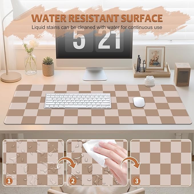 Big Desk Pad Mouse Pad, Large Gaming Mouse Mat with Stitched Edges, Non-Slip Waterproof Rubber Base Mous Mat for Office Computer Keyboard Laptop Home Decor (35.4X17.5 in), Milk Tea Brown Checkered