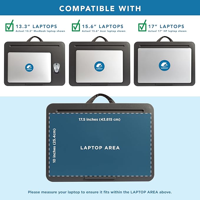 LAPGEAR Original Lap Desk – Large (17.9” x 13”) | Fits Up to 17.3” Laptops | Cushioned with Device Ledge, Pencil Tray & Handle | Portable & Lightweight | Charcoal – Style No. 45155