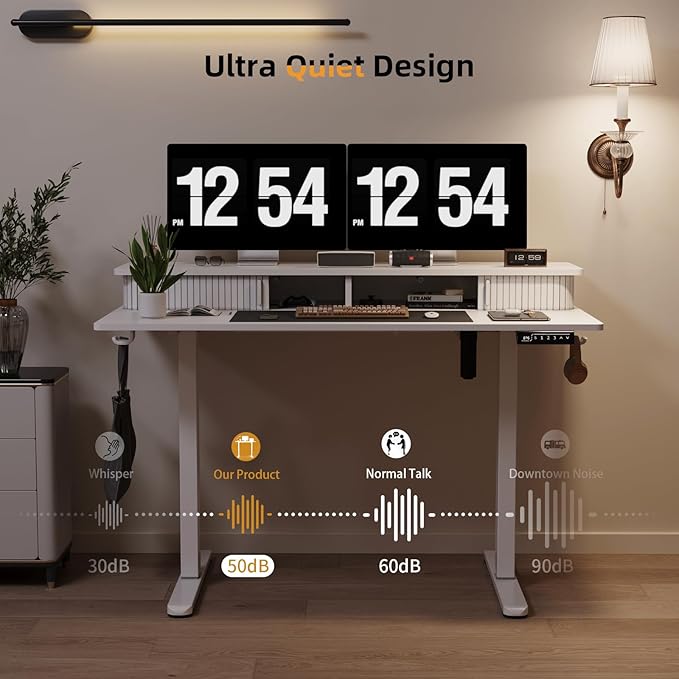 JOY worker Height Adjustable Electric Standing Desk with Storage Shelves, 48 Inch Table with Built-in Monitor Stand, Sit Stand Desk with 2 Hooks for Home Office, White