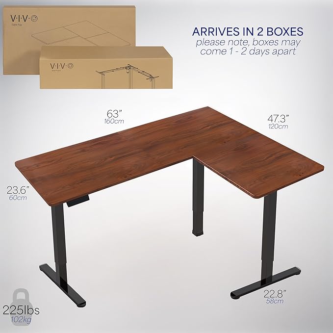 VIVO Corner Standing Desk, 63 x 47 inch Reversible L-Shaped Workstation, Electric Height Adjustment, Home, Office, and Reception Rooms, Dark Walnut Table Top Black Frame, DESK-E3CTD-47