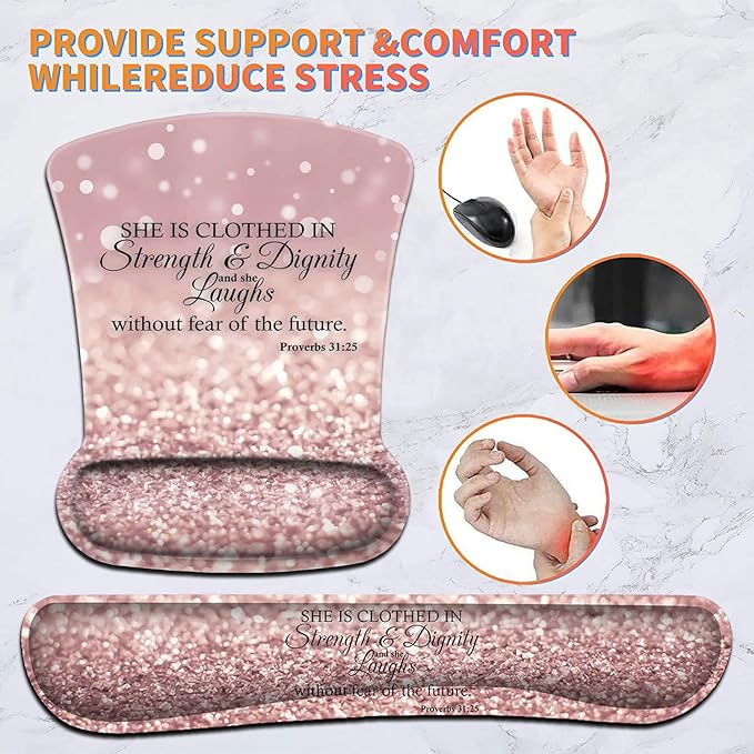 Keyboard Wrist Rest Pad and Ergonomic Mouse Pad Wrist Support Set Proverbs 31:25 Bible Verse Pink Design for Gaming, Office, Comfortable and Pain Relief with Coaster Set
