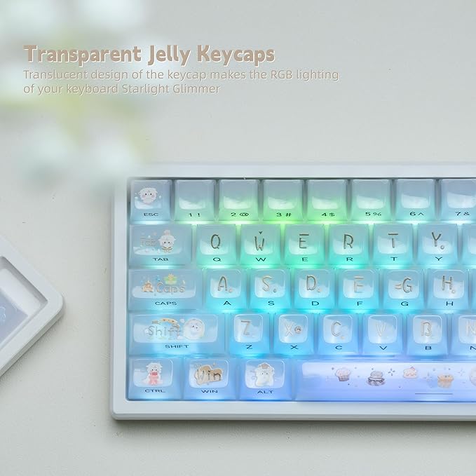 Womier Keyboard Keycaps Jelly, White Ceramic Keycaps Style, Cake Sheep Key Cap Transparent Side Printing Custom 60 65 75 100 Percent for Cherry MX,Gateron Mechanical Keyboards,MDA Profile