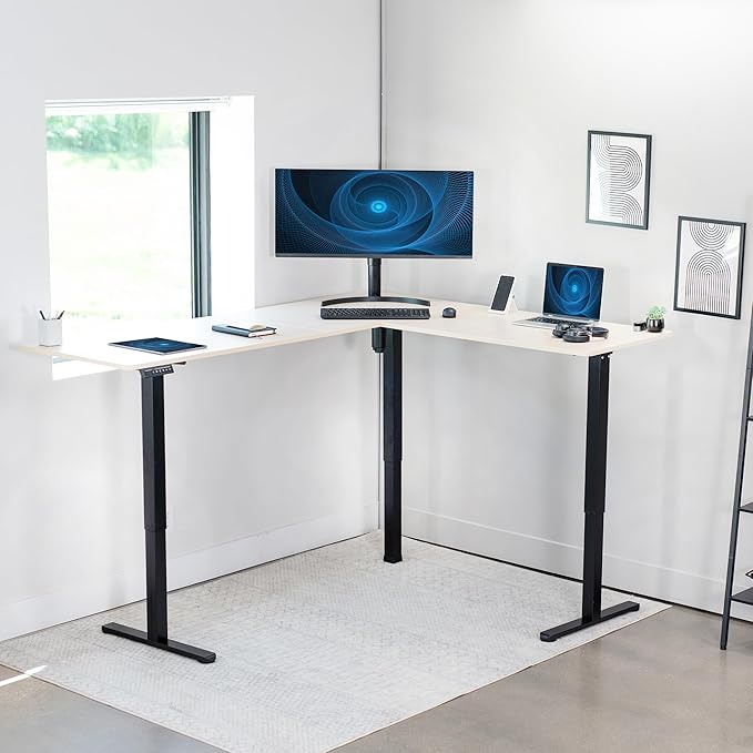 VIVO Corner Standing Desk, 75 x 63 inch Reversible L-Shaped Workstation, Electric Height Adjustment, Home, Office, and Reception Rooms, Light Wood Table Top Black Frame, DESK-E3CTBC-75