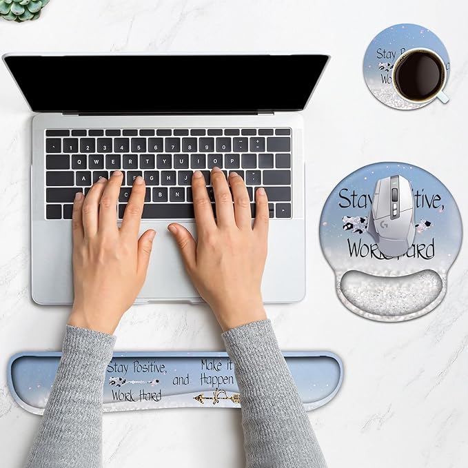 Keyboard Wrist Rest, Ergonomic Mouse Pad Wrist Support, Memory Foam Wrist Rest, Anti-Slip Base, Mousepad with Coaster for Computer Keyboard Office Home, Stay Positive Blue