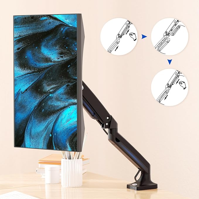 MEASUREMAN Premium Gas Spring Monitor Desk Mount, Full Motion Articulating Single Arm for Ergonomic Height Adjustment | Fits 17 to 35 Inch Screens up to 22 lbs, VESA 75x75 & 100x100mm