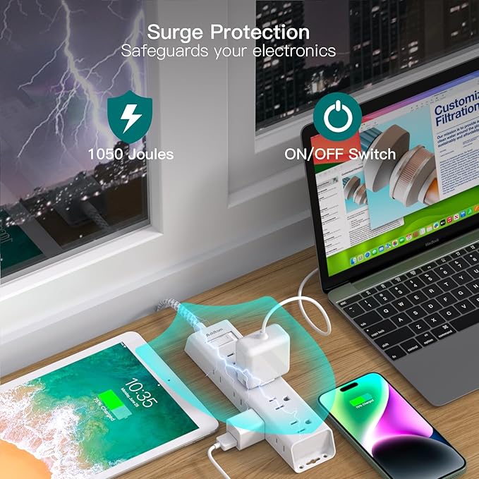 6Ft Extension Cord - Surge Protector Power Strip, Addtam 12 Widely 3 Sides Outlet Extender, Flat Plug, Wall Mount, Desktop Charging Station for Home Office College Dorm Room Essentials