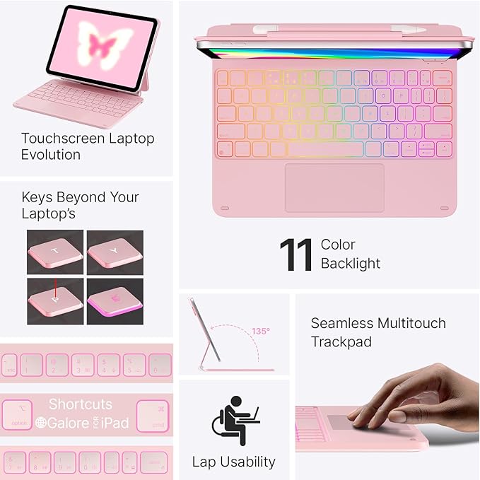 typecase Edge Keyboard Case for iPad 11th Gen A16 (2025) & 10th Gen 10.9" (2022) – Multi-Touch Trackpad, 11-Color Backlit Magic-Style Keyboard – Floating Magnetic Stand, Pencil Holder – Light Pink