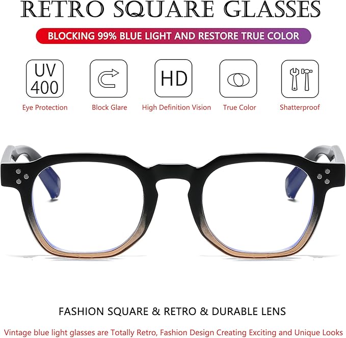 AIEYEZO Retro Blue Light Glasses for Men Women Square Thick Framed Eyeglasses Trendy Vintage Computer Glasses