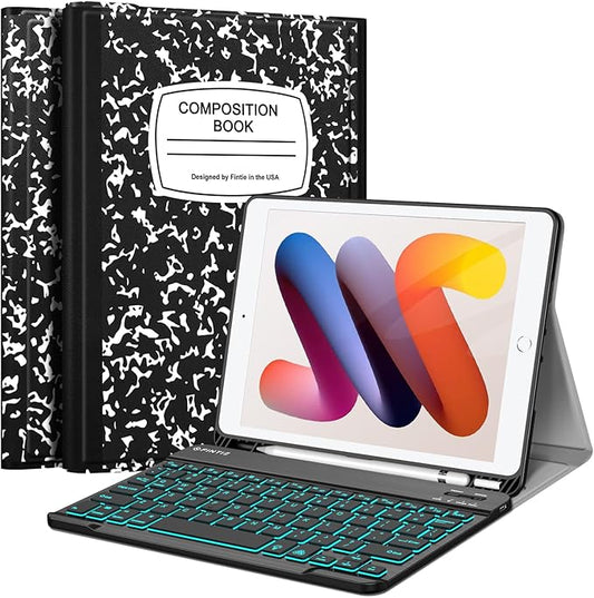 FINTIE Backlit Keyboard Case for iPad 9th / 8th / 7th Generation (2021/2020/2019) 10.2 Inch, Soft TPU Back Cover with 7 Colors Backlight Magnetically Detachable Bluetooth Keyboard, Composition Book