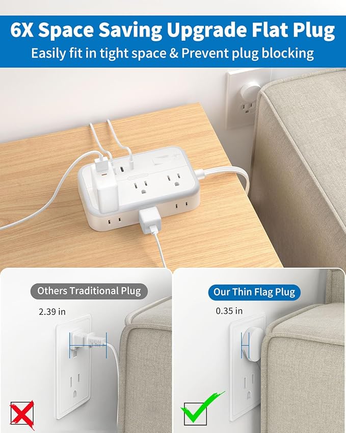 Power Strip with 6 Outlets 4 USB Ports(2USB C), Flat Extension Cord with Multiple Outlets, 1080 Joules, 5 ft Flat Plug Outlet Extender for Indoor, Office Supplies, Dorm Room Essentials
