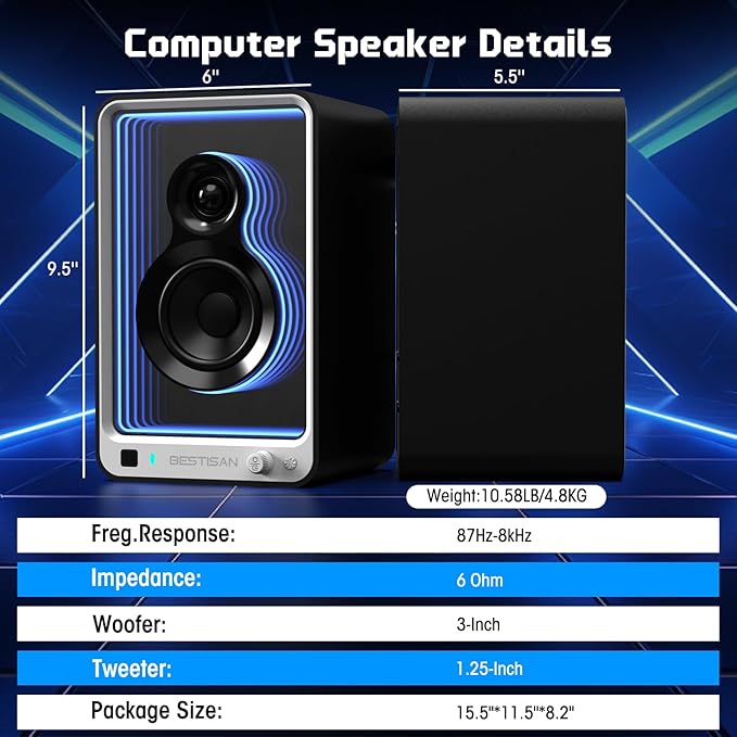 BESTISAN 50W*2 Active Bookshelf Speakers with Dynamic Light Effect, 3" Bass Computer Speakers with ARC/Optical/RCA/BT 5.2/USB/SUB Out Input for Turntable, PC, TV and Phone.