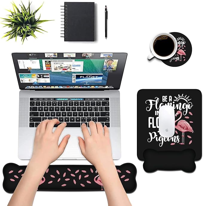 Keyboard Wrist Rest + Mouse Pad Wrist Rest Support Set with Coasters,Be a Flamingo in a Flock Pigeons Inspirational Quote Non-Slip PU Base,Easy Typing & Pain Relief for Home Office Working Studying