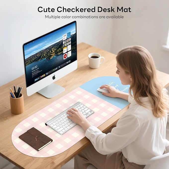 Checkered Pattern Desk Pad Protector, 35.5 x 13'' Aesthetic Mouse Mat for Desktop, Waterproof PU Leathe Non-Slip Desk Writing Pad for Office and Home, Light Pink and Blue