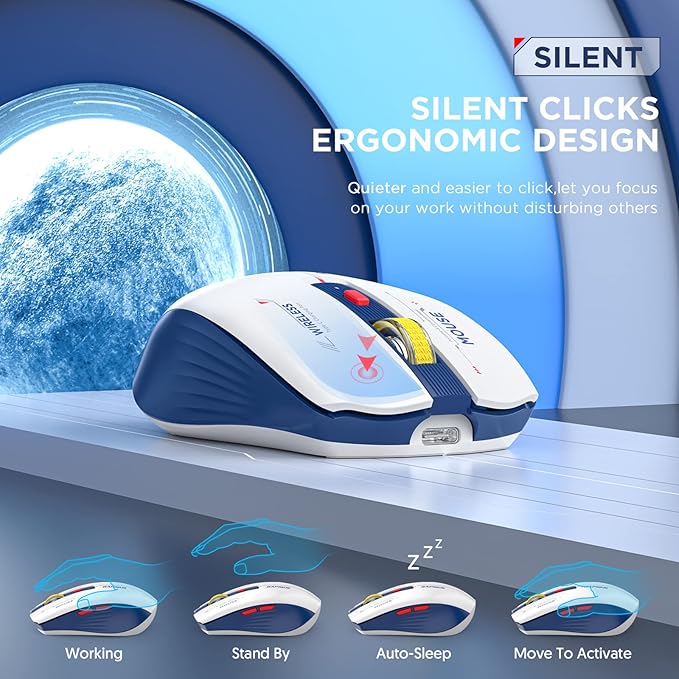 RAPIQUE Bluetooth Wireless Mouse - (BT1/BT2+USB) Tri-Mode High Performance, Rechargeable, Multi-Device Compatible with PC/Laptop/Computer/MacBook/iPad Air Pro (Blue and White)