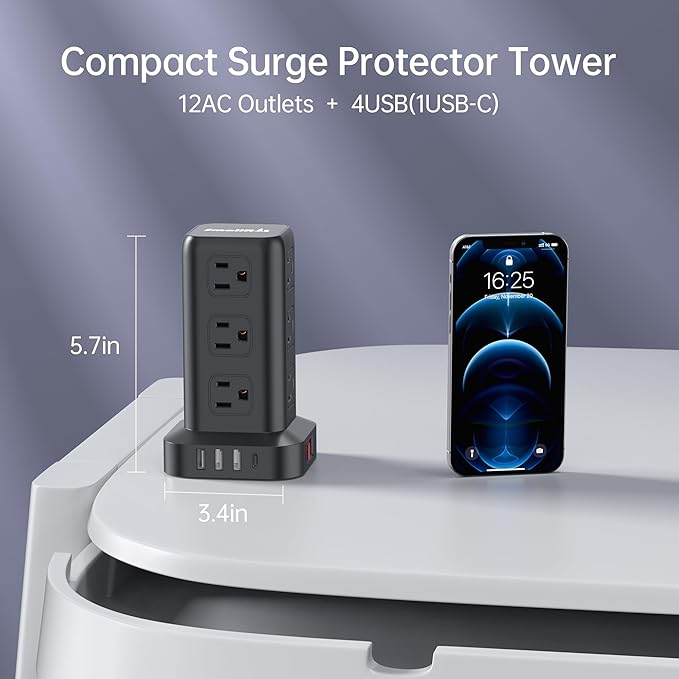 Extension Cord with Multiple Outlets, SMALLRT Surge Protector Power Strip Tower, 10FT Outlet Extender with 12 AC Outlets 4 USB, Power Strip with USB Ports for Home Office Dorm Room,Overload Protection
