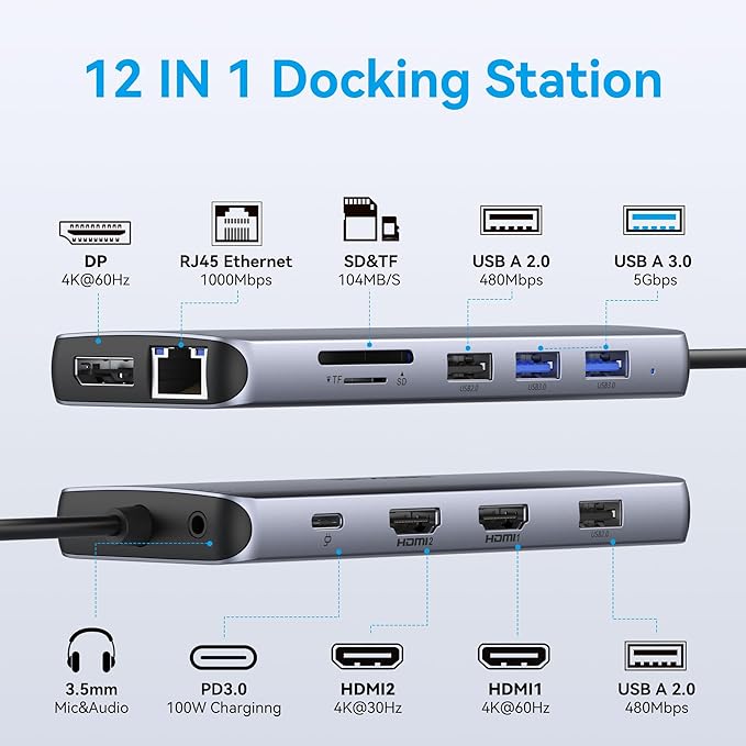 USB C Docking Station 3 Monitors,USB C Hub with 2 HDMI, DisplayPort, 100W PD, 4 *USB, Gigabit Ethernet, SD/TF Card Reader, Audio Port,Multiport Adapter for Laptops,HP, Dell, Lenovo, Surface