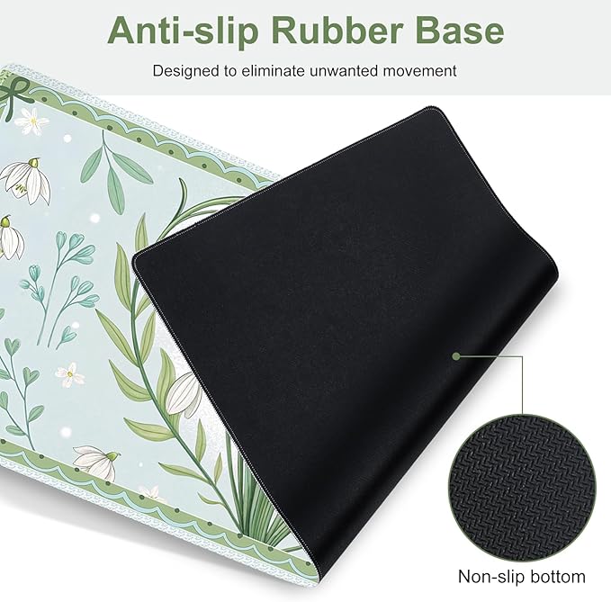 Floral Desk Mat, 4in1 Large Mouse Pad with Wrist Rest, Desk Matt for Desktop, Desk Pad Mat, Anti-Slip XXL Big Computer Ergonomic Mousepad with Wrist Support for Keyboard and Mouse I Green Flower Heart
