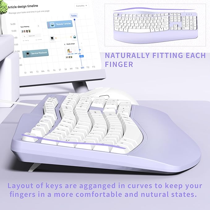RECCAZR Ergonomic Keyboard Wired with Wrist Rest, Wave Keyboard for Natural Typing,Spill-Resistant Compatible with Windows/PC/Laptop (Purple)