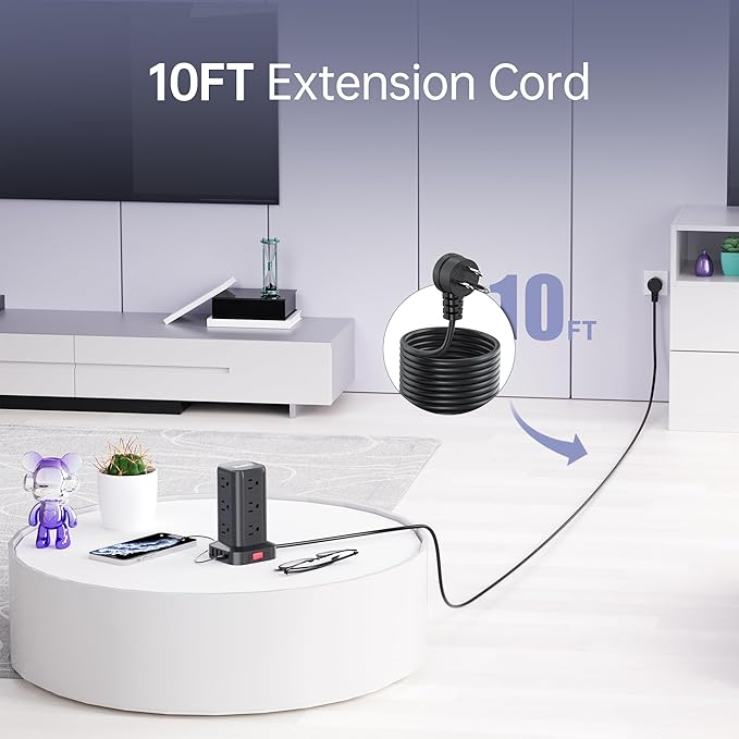 Extension Cord with Multiple Outlets, SMALLRT Surge Protector Power Strip Tower, 10FT Outlet Extender with 12 AC Outlets 4 USB, Power Strip with USB Ports for Home Office Dorm Room,Overload Protection