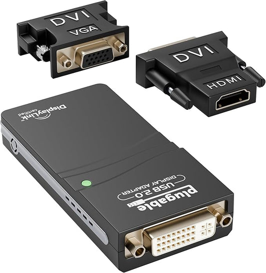 Plugable USB 2.0 to HDMI, DVI, or VGA I Multi-Monitor External Video Graphics Card Adapter up to 1920x1080 Supports Windows 11, 10, 8.1, 7, XP, Mac, and ChromeOS