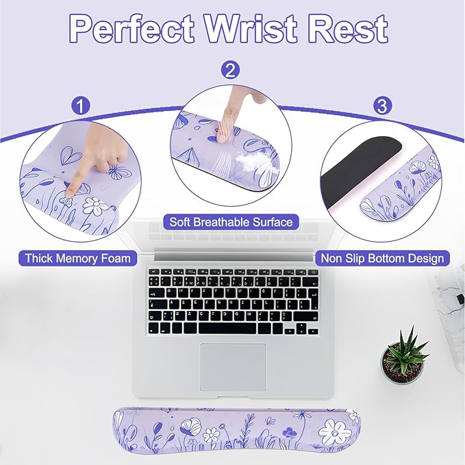 MEGREZ 4-in-1 Ergonomic Memory Foam Wrist Rest Set, Desk Pad, Mouse Pad with Wrist Rest, Keyboard Pad, Suitable for Office Workers, Programmers & Gamers–Relieve Typing & Gaming Fatigue,Light Purple
