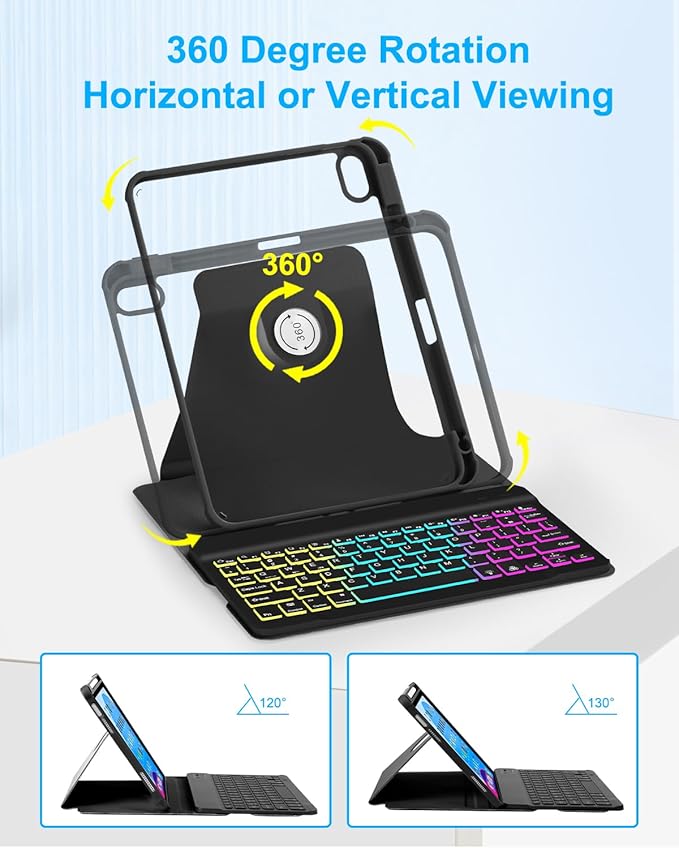 Case with Keyboard for iPad A16 11th 10th Generation 11/10.9 inch,Rainbow Backlit Detachable Keypad Rotatable Magnetic Cover with Pencil Holder for iPad 11 2025 10 Gen 2022 Black