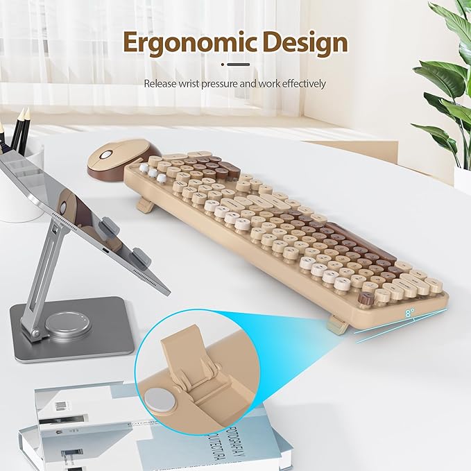 Coffee Brown Keyboard and Mouse Combo Wireless, 2.4G Full Size 104-Key Retro Typewriter Keyboards Round Keys for Students Teenagers Home Office PC Laptop(Coffee)