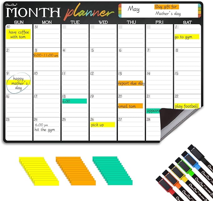 Magnetic Dry Erase Monthly Calendar - 17"x12" Monthly Calendar for Fridge - 36 Reusable Highlight Tabs - 6 Extra Fine Point Markers Included - Shipped Flat