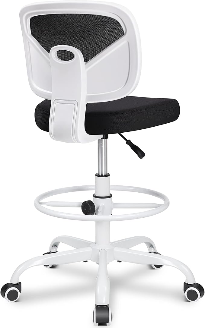 Primy Armless Mid-Back Ergonomic Standing Desk Chair - Mesh Rolling Tall Chair, Adjustable Height and Footring, Art Room, Office or Home (White)