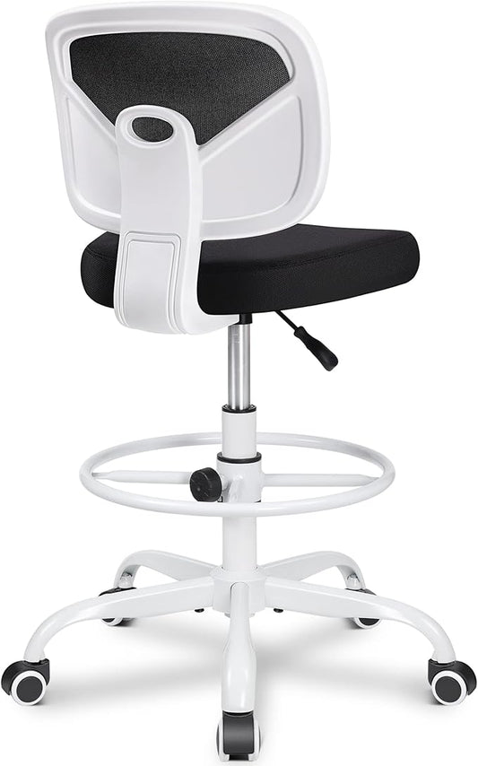 Primy Armless Mid-Back Ergonomic Standing Desk Chair - Mesh Rolling Tall Chair, Adjustable Height and Footring, Art Room, Office or Home (White)