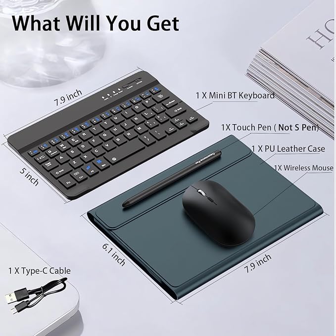 for Samsung Galaxy Z Fold 7 6 5 Keyboard and Mouse, Portable Mini 7.9 inch Bluetooth Keyboard with Leather Case and Capacitive Pen, 4 in 1 Set for Z Trifold Fold7 Accessories,Green