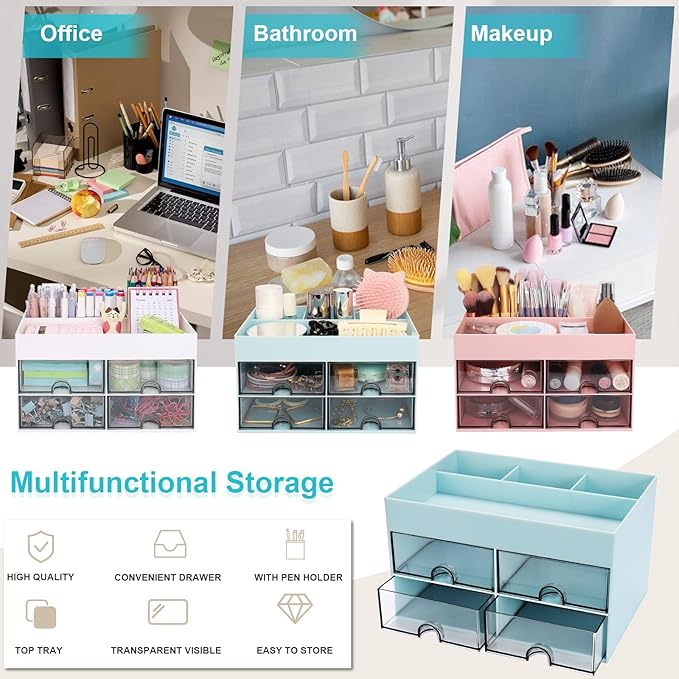 Desk Organizer, Office Organizer with Drawer, Desk Accessories & Workspace Organizers, Pen Holder Office Supplies for Desk (4 Drawers+4 Compartments, Blue)