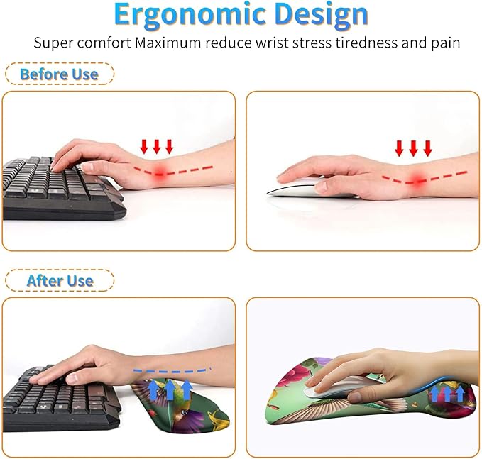 Ergonomic Mouse Pad with Wrist Support Gel & Memory Foam, Floral Hummingbird Flower Pattern, Non-Slip PU Base for Office, Gaming, Computer, Laptop, Home