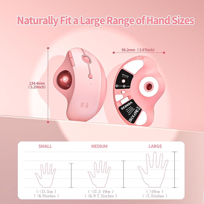 seenda Wireless Trackball Mouse, Bluetooth - Ergonomic Rollerball Mouse Rechargeable, 3 Device Connection Optical Mice Adjustable DPI Thumb Control Mice Compatible for Mac/Android/Windows - Pink