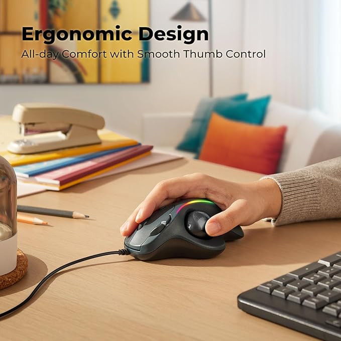 Wired Trackball Mouse with RGB Lighting, Ergonomic Thumb Control to Reduce Muscle Strain, 5 Adjustable DPI, Dual USB-C & USB-A Connectivity, Compatible with PC, Laptop, Mac, Windows-Black