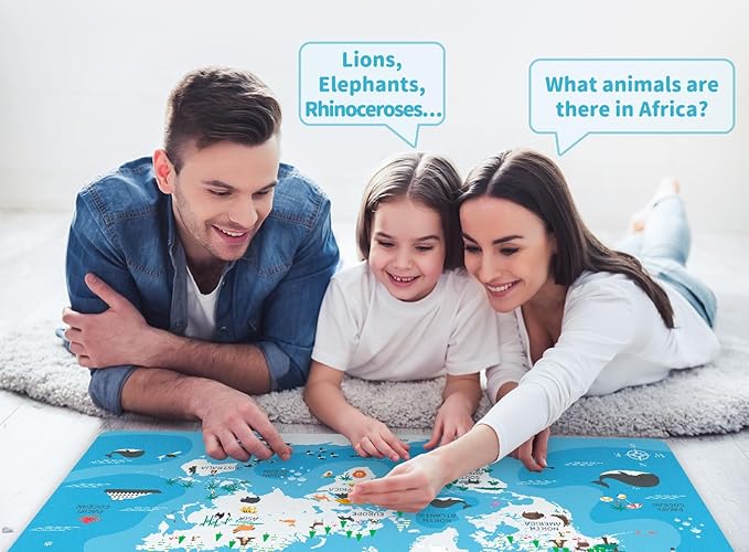 Kid's Desk Mat Cute Early Education Leather Desk Mat, Kawaii Blue Toddler World Map Waterproof Desk Writing Pad, Large Keyboard and Mouse Mat for Classroom/Kindergarten(31.5" X 15.7")