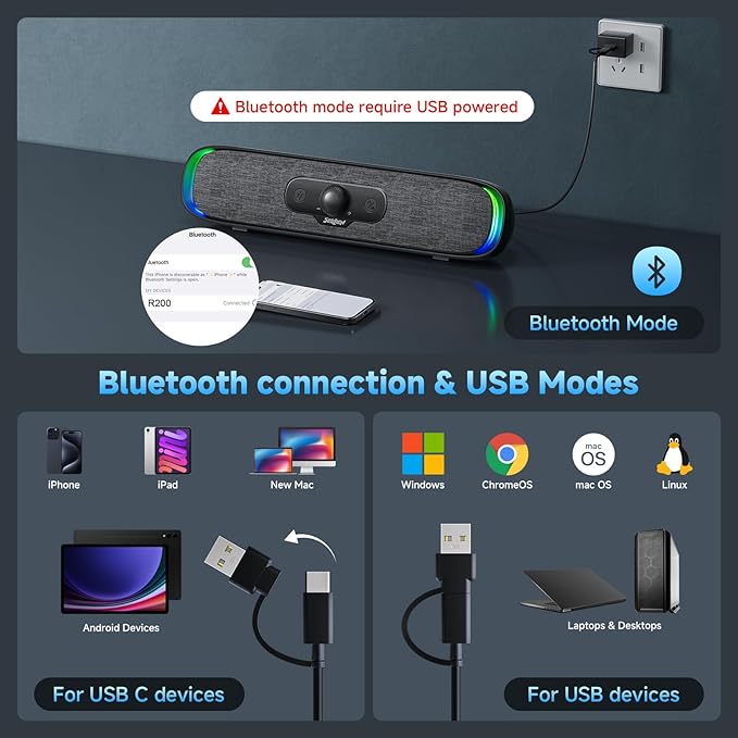 SOULION Computer Speakers, USB C/USB Powered PC Speaker with Colorful LED Lights, Plug-N-Play Wired Bluetooth Sound bar with Rotary Control for Desktop Laptop Monitor Office Work Music Black