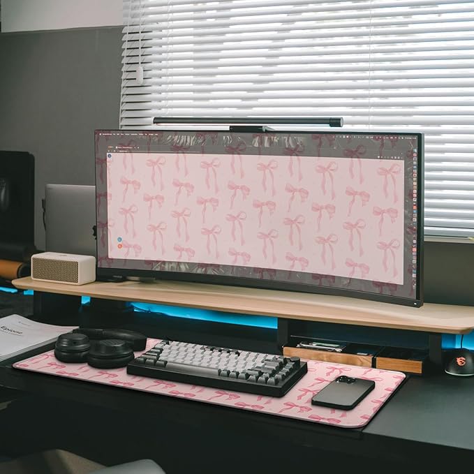 Large Computer Mouse Pad with Non-Slip Base for Desktop, Cute Gaming Mouse Mat with Stitched Edges, Long Extended Anime Mousepad for Laptop, 31.5 x 11.8 inches (Pink Bows)