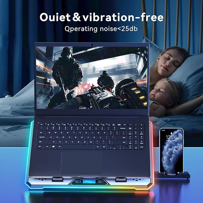 Aluminum Alloy RGB Gaming Laptop Cooler with 6 Fans and LCD Screen - 10 RGB Modes Memory Function, 4 USB Ports 3.0 and 2.0 Hub, 9 Height Adjustable for 10 to 21 Inch Laptops on Desk or Lap