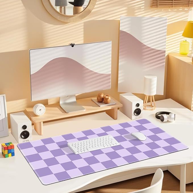Desk Mat for Keyboard and Mouse, Large Non-Slip Mouse Pad Keyboard Pad, Computer Mats for Desktop, Cute Desk Pad with Stitched Edges for Office, Gaming I Pastel Purple Checkered