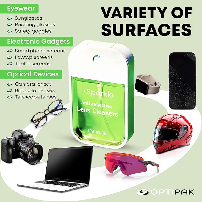 I-Sparkle Anti-Reflective Lens Cleaner Spray kit | (2x) 1.35oz Glasses Cleaner Spray + (2x) Microfiber Cloth for Eyeglasses, Sunglasses, Lenses, Screens and Camera Cleaning Kit (4 Piece Set)