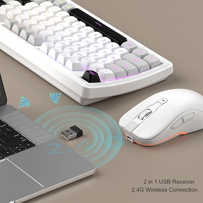 MageGee V990 Creamy Wireless Keyboard and Mouse Combo, 99 Keys RGB Backlit Rechargeable Quiet Gaming Keyboard, Adjustable Optical Mouse, with Number Pad, Keyboards Set for Desktop, Laptop, PC(White)