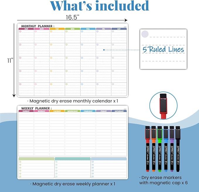 JJPRO Magnetic Dry Erase Monthly Calendar Whiteboard Set for Fridge-Reusable Monthly Calendar&Weekly Planner for Refrigerator-Starts Sunday-Magnetic Multicolor Monthly Planner Bundle-16.5"x11"