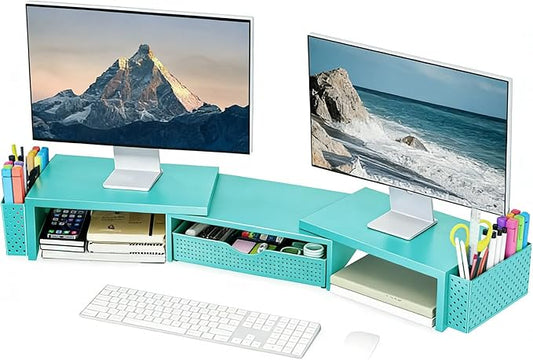 Spacrea Metal Desk Organizers and Accessories, Dual Monitor Stand Riser with Drawer and 2 Pen Holders, Desk Accessories & Workspace Desktop Organizers for Office Supplies (Blue)