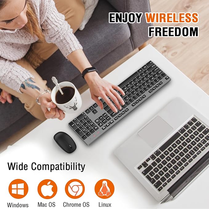 Wireless Keyboard and Mouse Combo, EDJO Silent Full Size Cordless USB Keyboard Mouse, 2.4GHz Lag-Free, Long Battery Life, for Computer, Laptop, PC, Chromebook, Windows (Grey, 1 Pack)