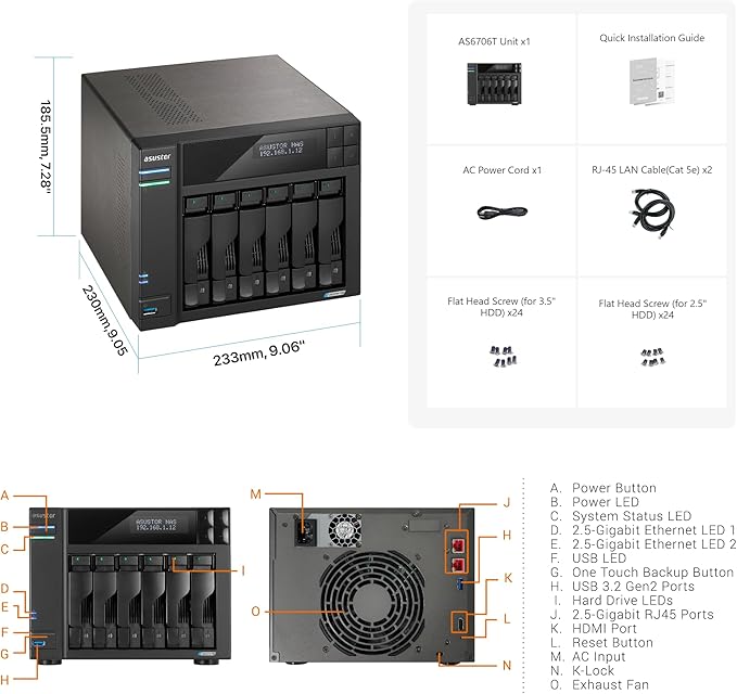 Asustor Lockerstor 6 Gen2 AS6706T - 6 Bay NAS, Quad-Core 2.0 GHz CPU, 4X M.2 NVMe Slots, Dual 2.5GbE, Upgradable to 10GbE, 8GB DDR4 RAM, Content Creation Network Attached Storage (Diskless)